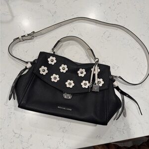 Michael Kors Black Leather Satchel with White Floral Accents